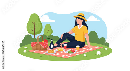 Woman enjoying a picnic lunch outdoors on a sunny day.
