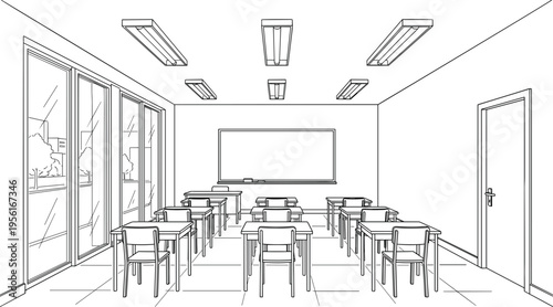Empty modern school classroom interior vector illustration with student desks whiteboard door and large glass windows.