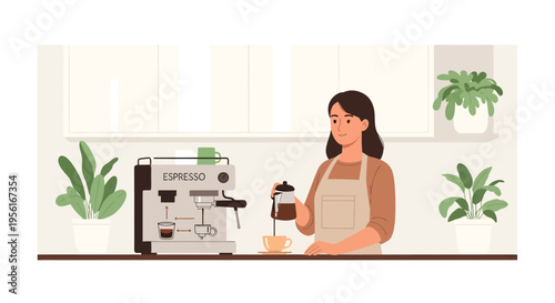 Woman making coffee with espresso machine at home.
