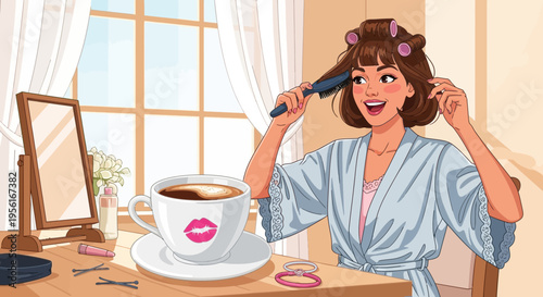 Woman with hair rollers styling her hair with a brush.