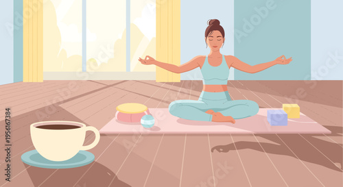 Woman Meditating on Yoga Mat with Coffee Nearby.