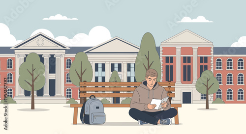 Young man sitting on a park bench using his phone.