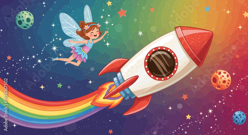 Cute fairy flying with a rocket ship.