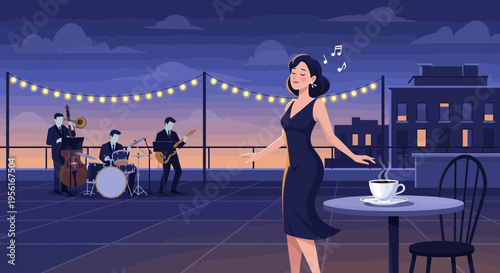 Elegant Woman Dancing Joyfully Under String Lights.