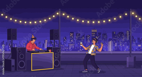 DJ playing music for a dancing person on a rooftop party.