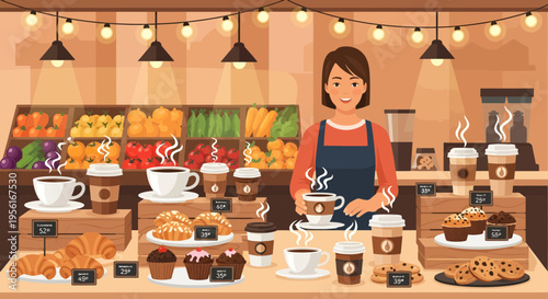 Friendly barista serving coffee and pastries at a cafe counter.