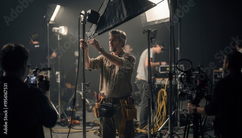 Focused medium shot on gaffer attaching flags to light stands enhancing highcontrast shadows with outoffocus crew and equipment surrounding the scene.