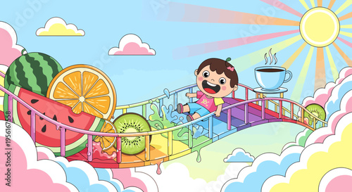 Joyful Child on a Fruity Bridge.
