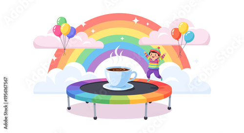 Hot Coffee Cup on Rainbow Trampoline.