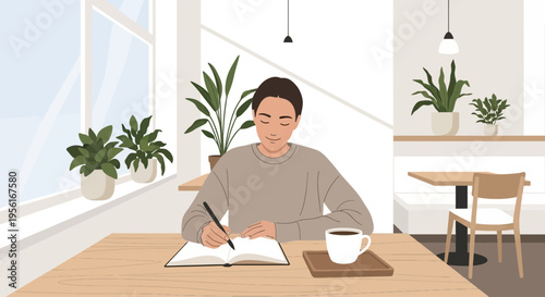 Man focused on writing in a notebook with coffee.