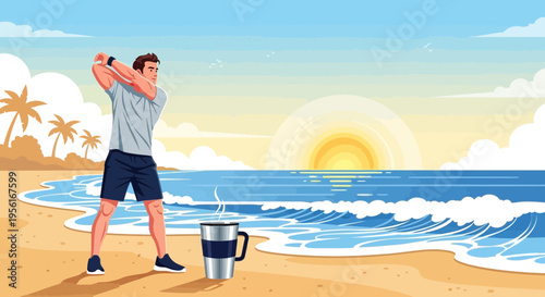 Man performing kettlebell swing exercise on beach.