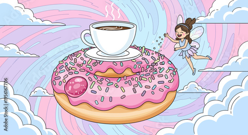 Whimsical fairy brings coffee to a giant donut.