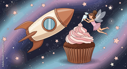 Whimsical Fairy Decorates Delicious Cupcake Next to Rocket Ship.