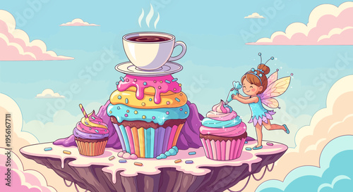 Whimsical fairy enjoying sweet cupcakes and coffee.