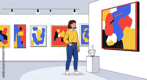 Woman admiring abstract art in a modern gallery setting.
