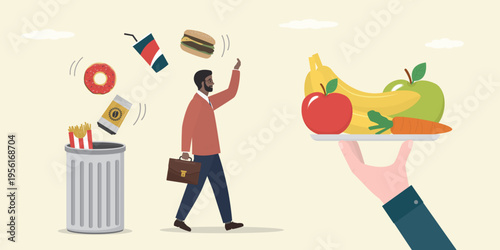 Businessman tosses junk food into a bin while reaching for fresh fruits and vegetables. Choosing healthy lifestyle over bad habits. Stop fast food.