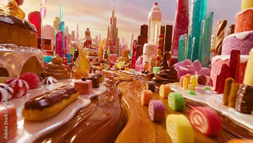 Fantastical cityscape constructed entirely from colorful confectionery treats flowing through a river of rich caramel sauce toward the horizon
