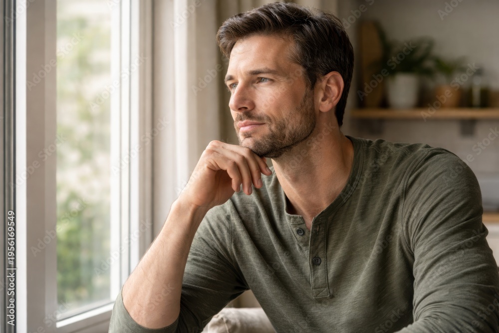 Obraz premium Male individual with short dark hair wearing a green long-sleeve shirt, resting chin on hand while gazing thoughtfully out a window in a bright indoor setting
