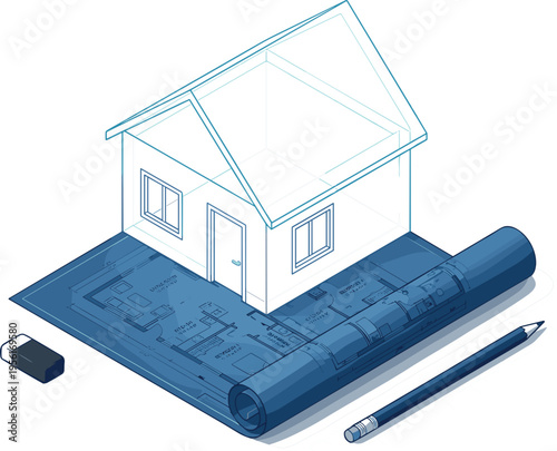 Isometric architectural blueprint with 3D house wireframe model pencil and eraser for construction and home design project (17 words)