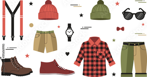 Men Fashion Clothing and Accessories Illustration Set with Boots, Shirt, Pants, Hat, Watch and Casual Outfit Elements
