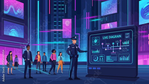 Security officer presenting live data analysis to diverse group.