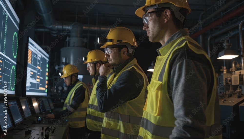 Obraz premium Night shift personnel analyze AIdriven data on large screens in a dimly lit smelter control room ensuring continuous cell performance and energy management.