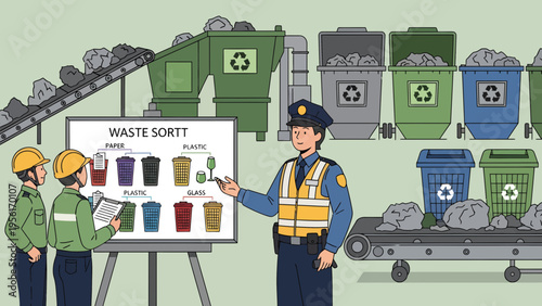 Waste sorting training session with instructor and workers.