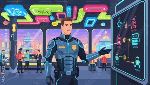 Futuristic Police Officer Interacting with Advanced Technology Interface.