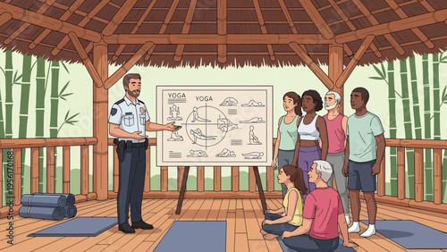 Instructor teaching yoga class in outdoor pavilion.