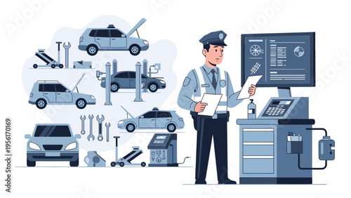 Mechanic Inspecting Car Diagnostics on Computer Screen.