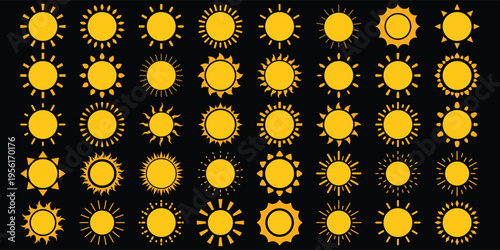 set of yellow sun icons, sunshine, solar, warm
