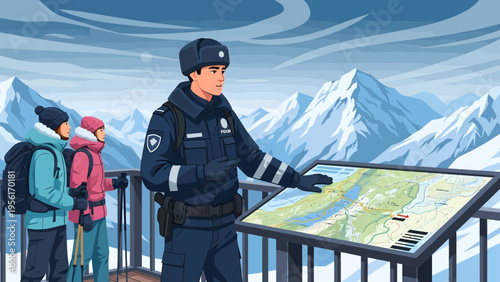 Mountain rescue guide explaining map to tourists.