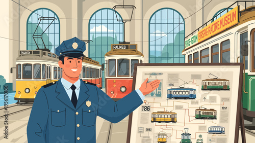 Museum guide explaining tram history with diagram.