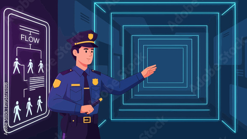 Police officer directing traffic flow in futuristic environment.