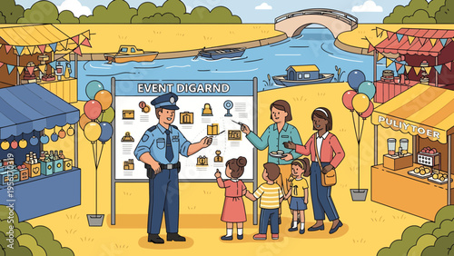 Police officer educating children about safety at a fair.
