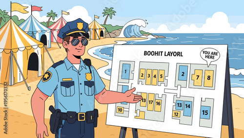 Police officer explaining beach map with a smile.