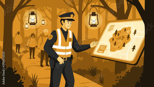 Police officer examining a map in a forest setting.