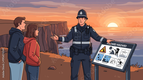 Police officer explaining hazard signs to tourists at sunset.
