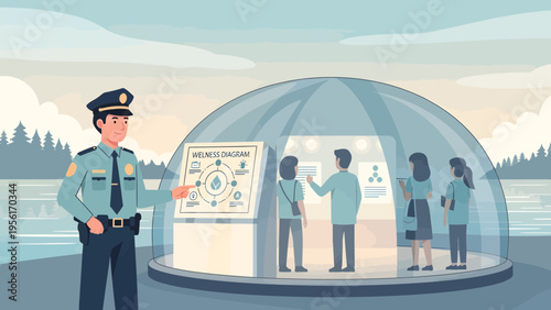 Police Officer Explaining Information Inside Transparent Dome.