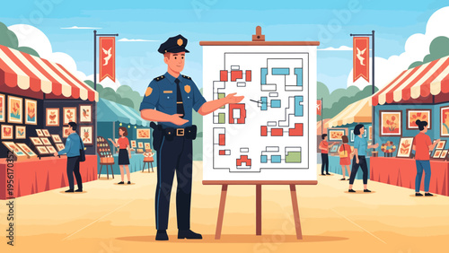 Police officer explaining event map at outdoor market.