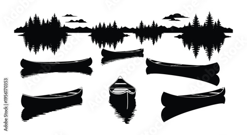 Serene lake scene featuring silhouetted canoes and distant forested islands