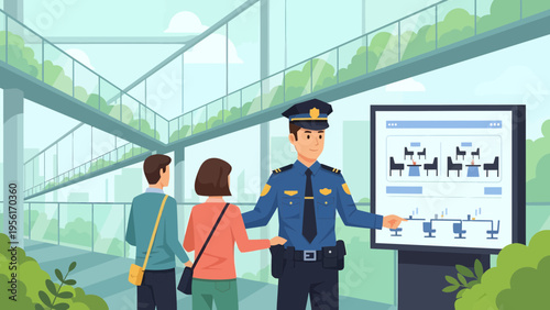 Police officer explaining information to travelers at airport security.