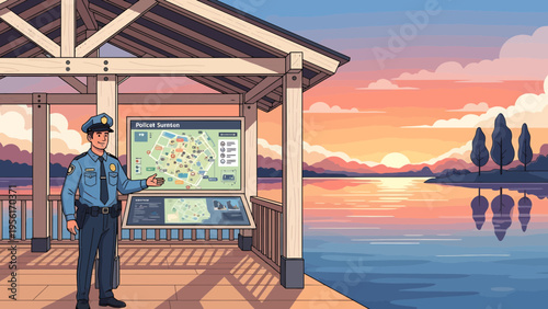 Police Officer Explaining Map at Tourist Information Booth.