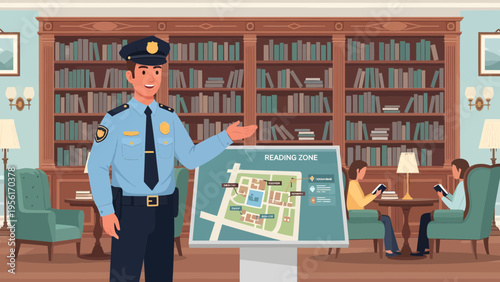 Police officer explaining map on digital screen.