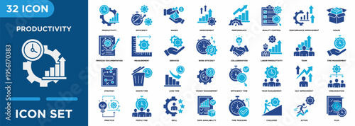 Productivity duotone icon set featuring time management, work efficiency, performance improvement, task planning, collaboration, workflow, and business productivity