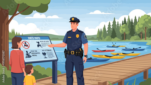 Police officer explaining rules to family at lake.