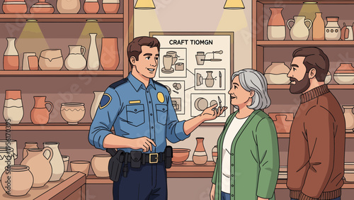 Police officer explaining something to a couple in a shop.