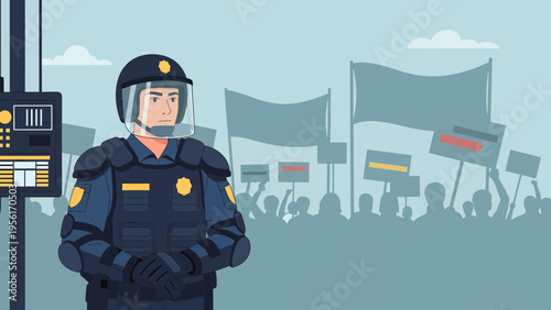 Police officer in riot gear standing guard.