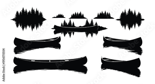Serene lake scene featuring silhouetted canoes and distant forested islands