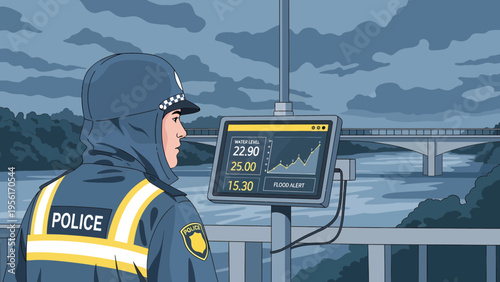 Police Officer Monitoring Data on Screen.